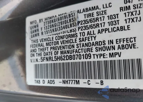 2013 Honda Odyssey Ex-L z USA, uszkodzony, nr VIN 5FNRL5H62DB070109